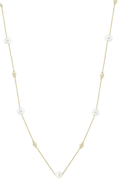 14K Yellow Gold Diamond-Accented Freshwater Pearl Station Necklace
