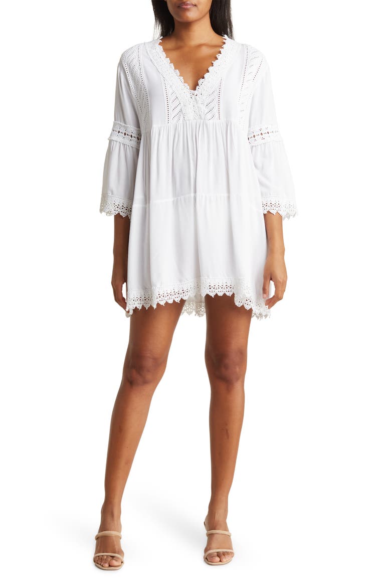Eyelet Lace Inset Tunic Coverup, Main, color, WHITE