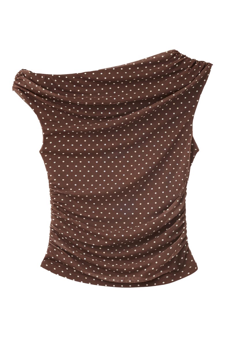 Asymmetrical Polka Dot Off the Shoulder Mesh Top, Main, color, BROWN