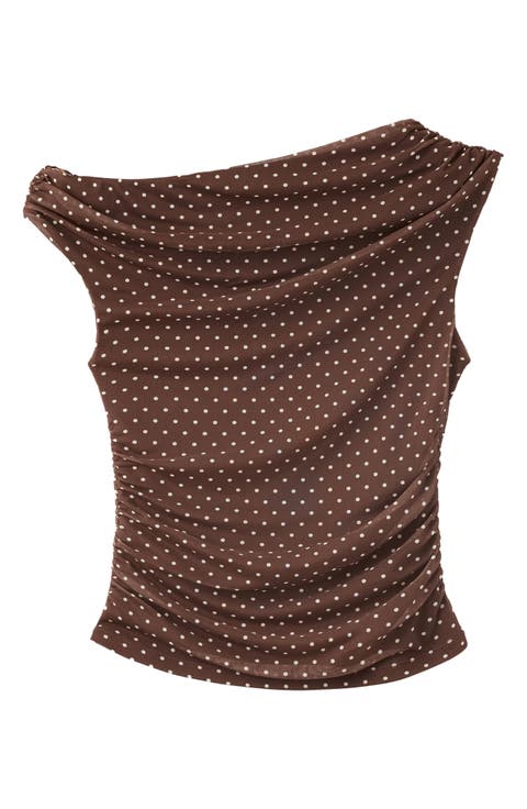 Asymmetrical Polka Dot Off the Shoulder Mesh Top