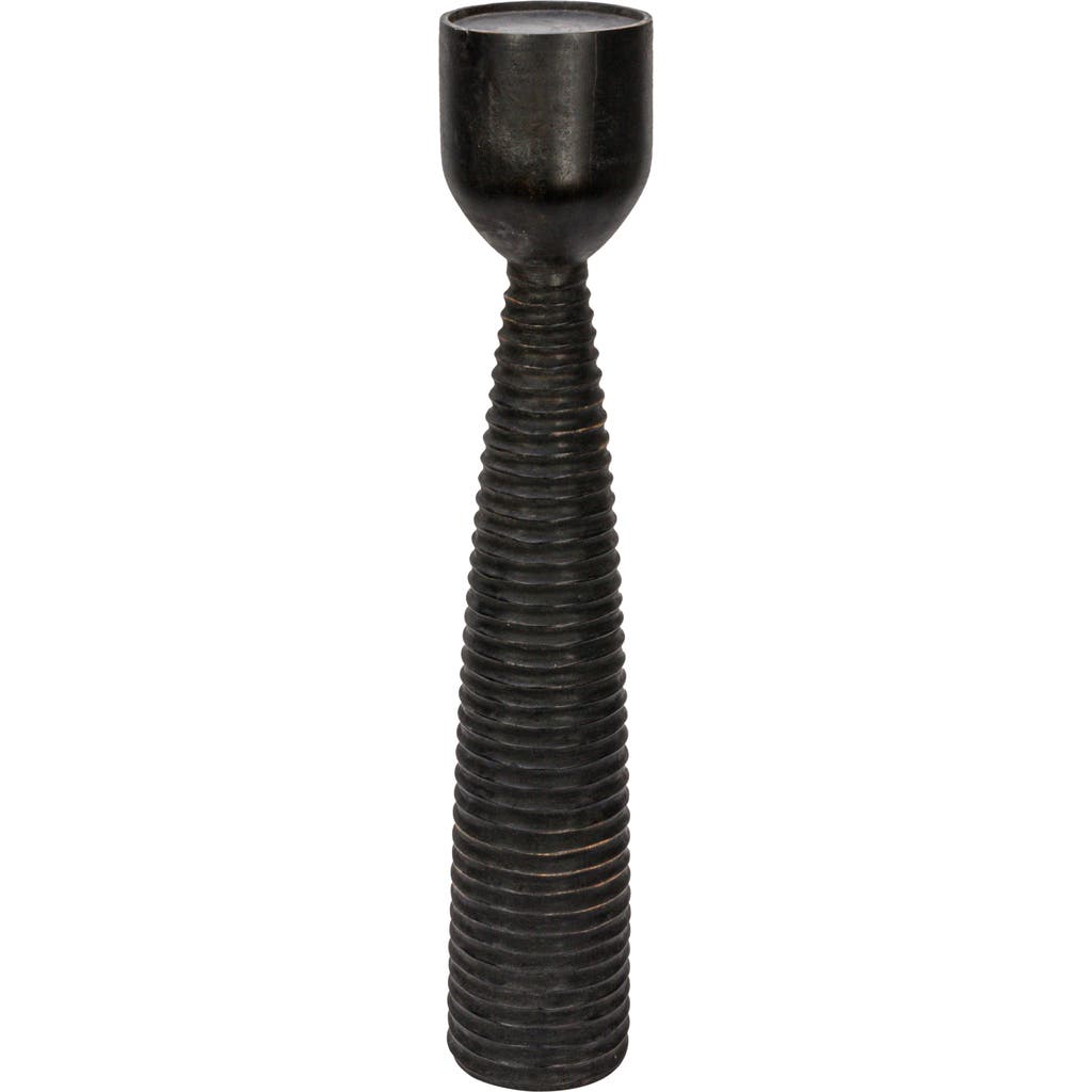 Storied Home Round Hand-carved Mango Wood Ribbed Candle Holder, Black
