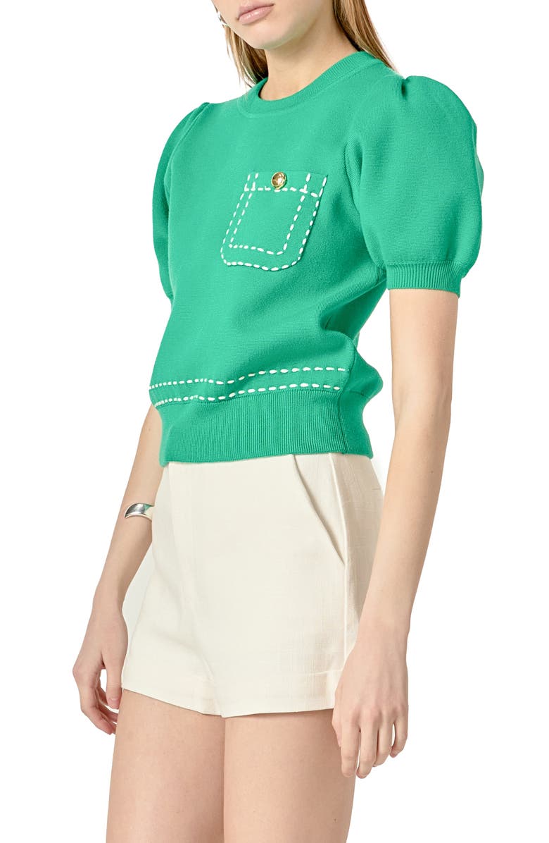 English Factory Stitch Detail Puff Sleeve Sweater, Alternate, color, Green