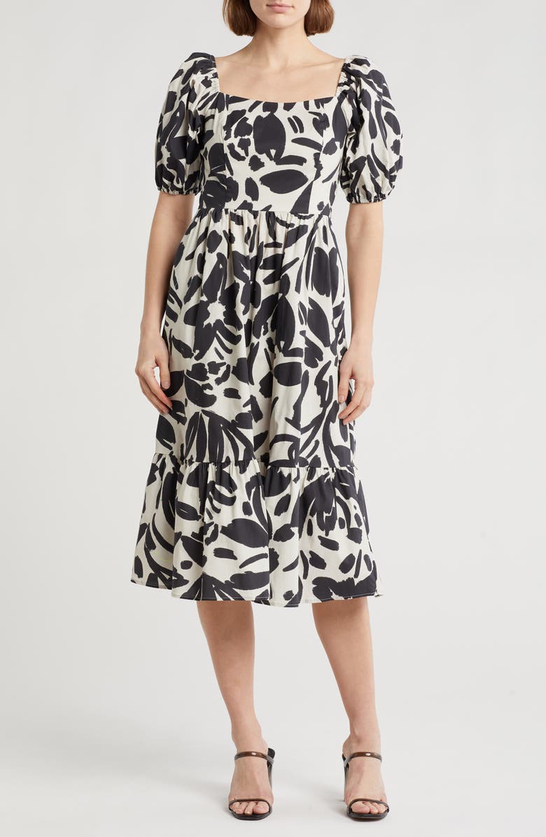 Eliza J Balloon Sleeve Dress, Main, color, Black/ Ivory