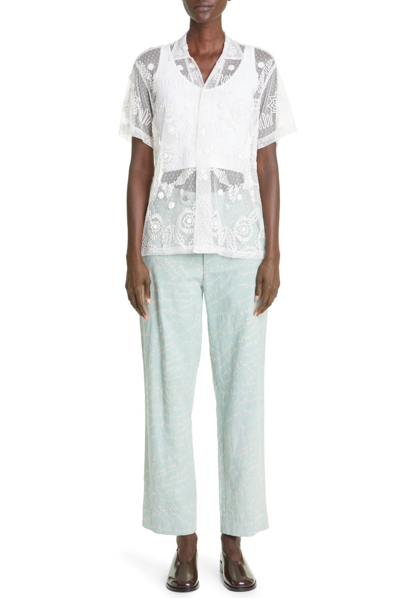 Powder Signature Embroidered Bow Cotton & Linen Ankle Pants, Alternate, color, BLUE