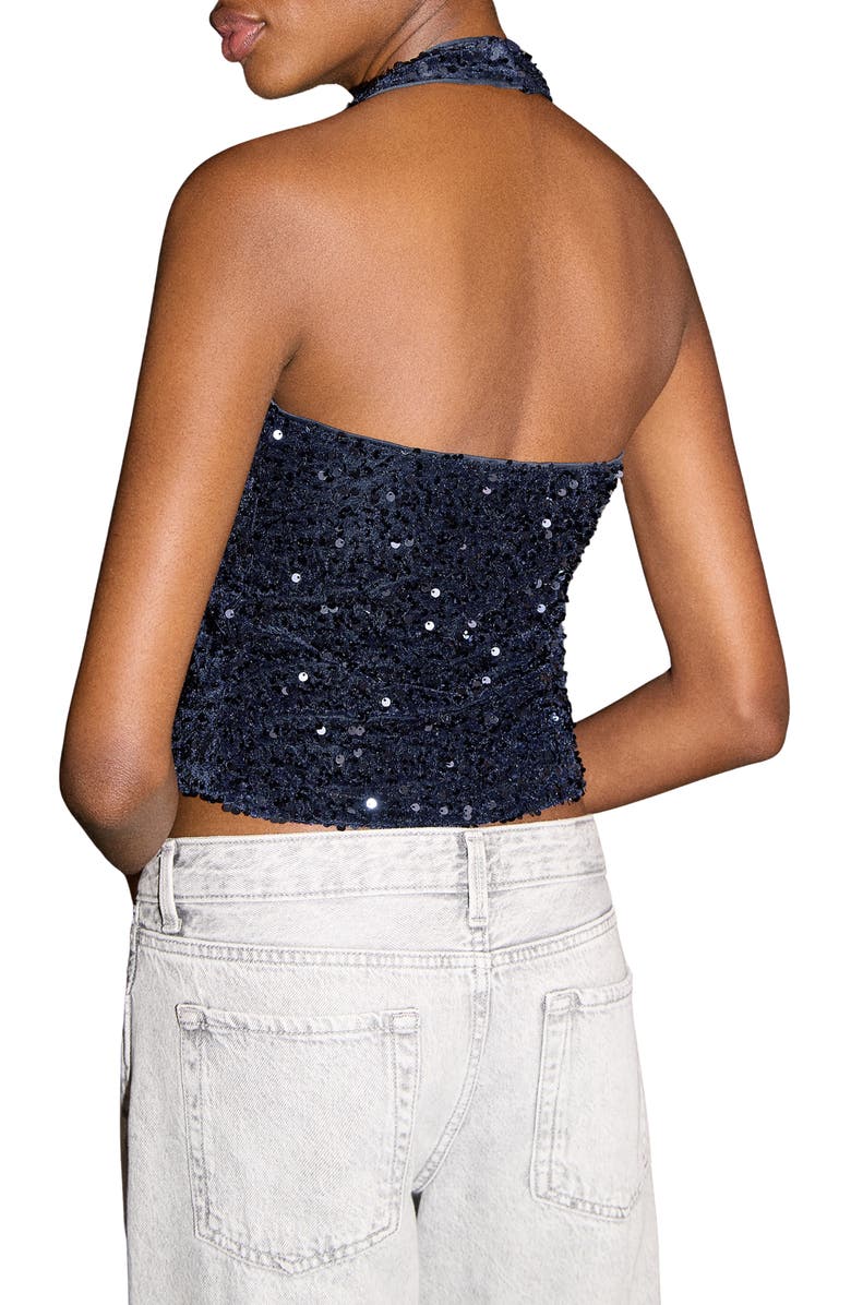 MANGO TEEN Sequin Halter Crop Top, Alternate, color, Navy