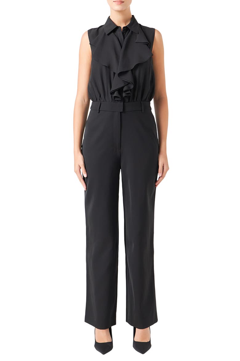 Ruffle Sleeveless Jumpsuit, Main, color, BLACK