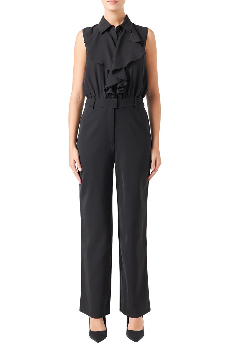 Endless Rose Ruffle Sleeveless Jumpsuit, Main, color, Black