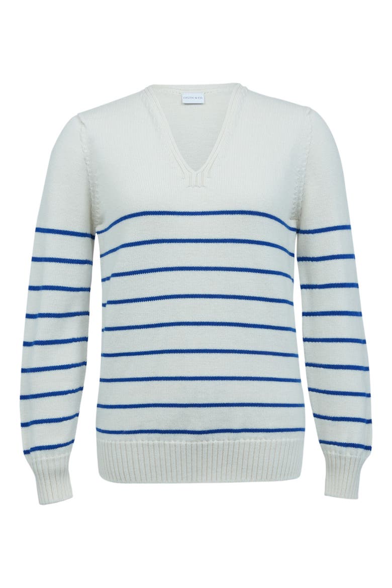 Merino V-Neck Sweater, Alternate, color, ECRU COBALT STRIPE