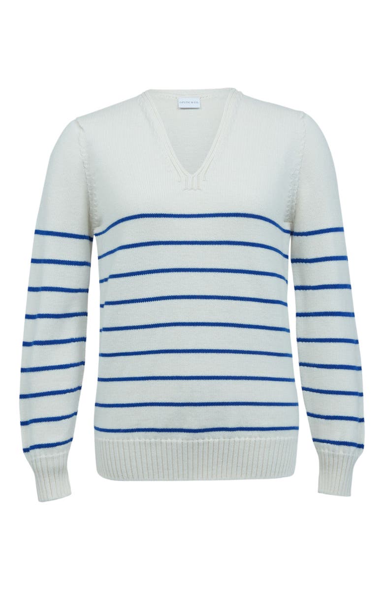 Celtic & Co. Merino V-Neck Sweater, Alternate, color, Ecru Cobalt Stripe