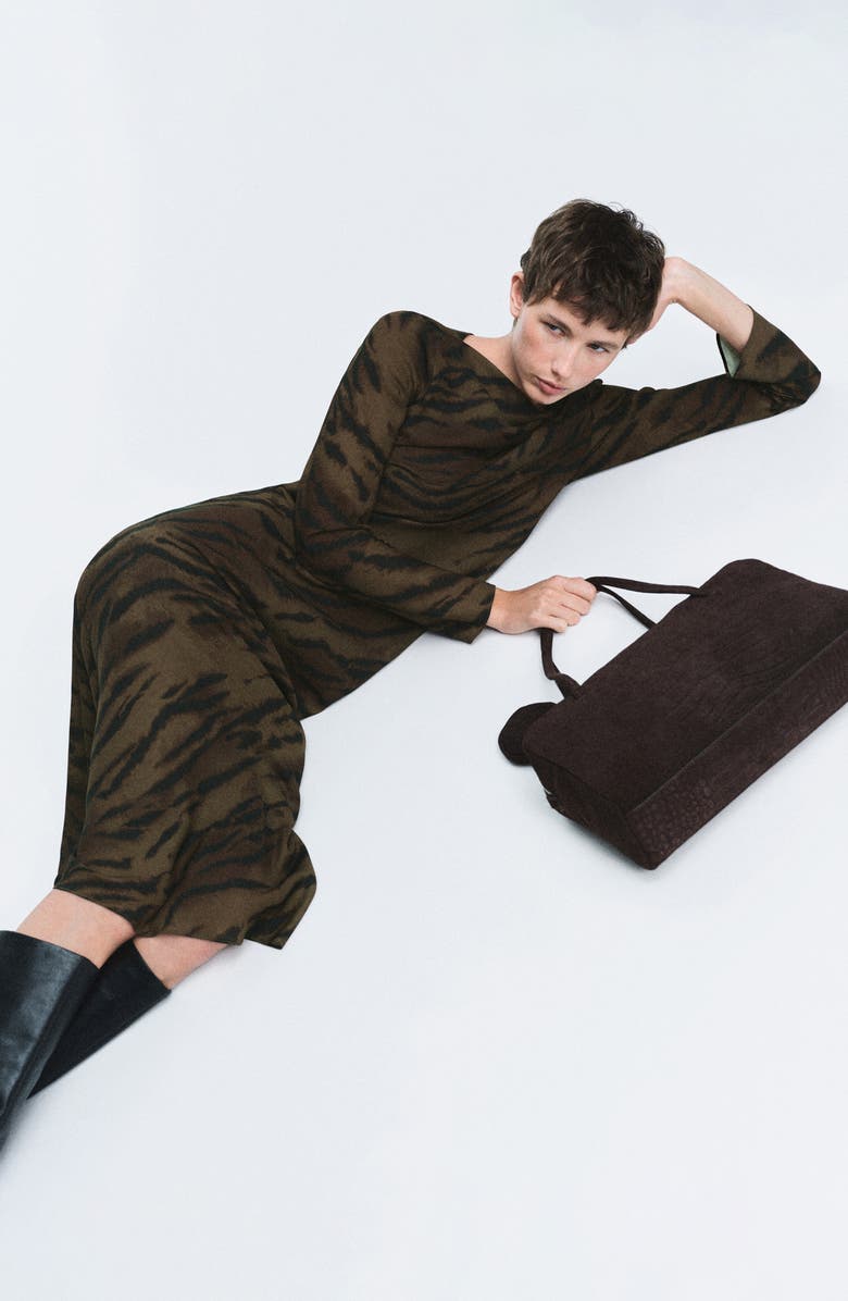 MANGO Satin Animal Print Midi Dress, Alternate, color, Brown