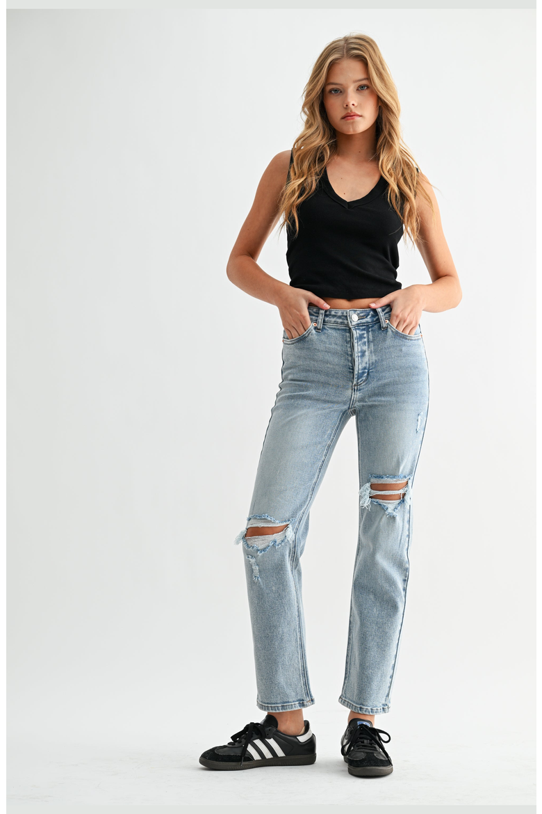 Mia High Rise Destructed Slim Straight Jeans, Alternate, color, Light Wash Blue