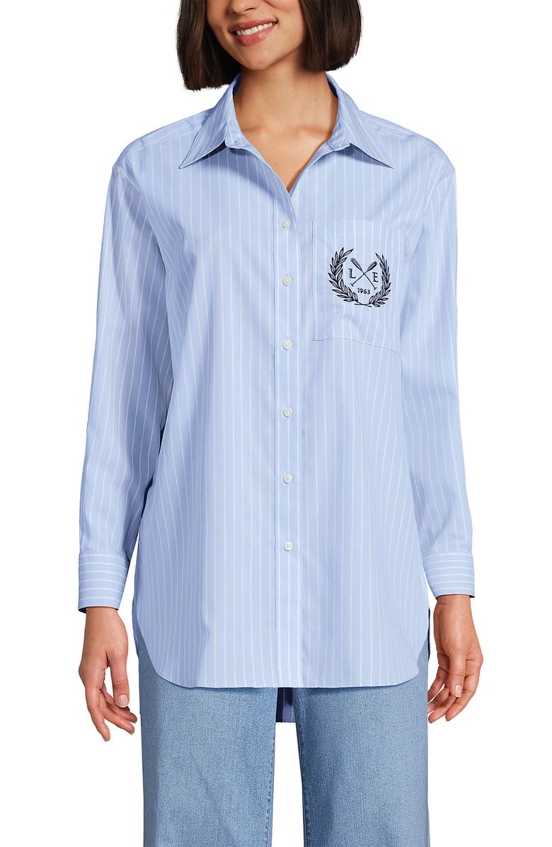 Lands' End No Iron Oversized Poplin Extra Long Tunic, Main, color, Le Crest/Blue Stripe