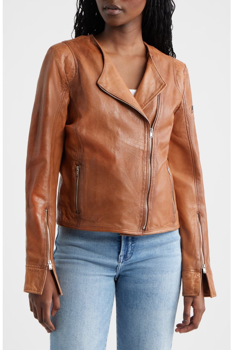 Athena Perforated Leather Jacket, Alternate, color, COGNAC