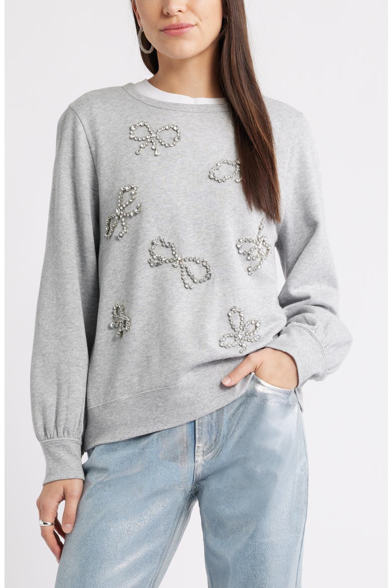 Crystal Bow Embellished Sweatshirt, Main, color, GREY HEATHER BOW EMBELLISHMENT