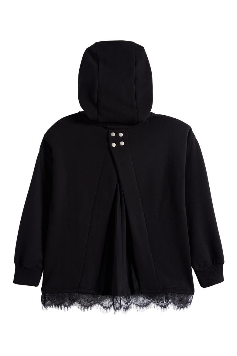 Kids' Lace Trim Split Back Cotton Blend Hoodie, Alternate, color, BLACK