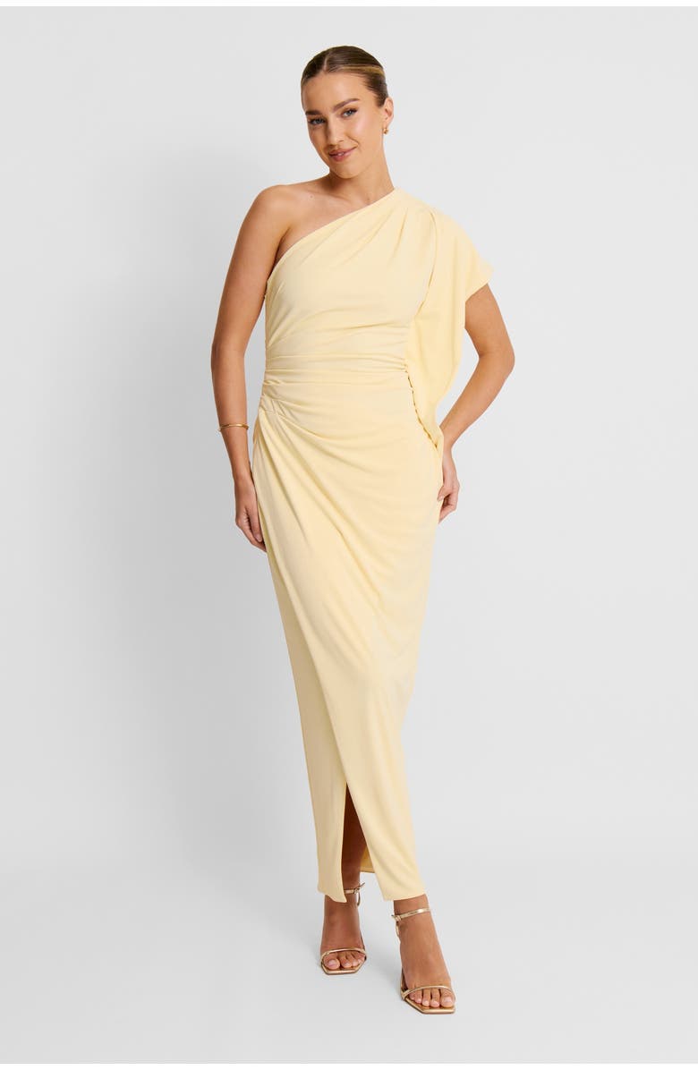 Six Stories Asymmetric Stretch Gathered Maxi Dress, Main, color, Pale Lemon
