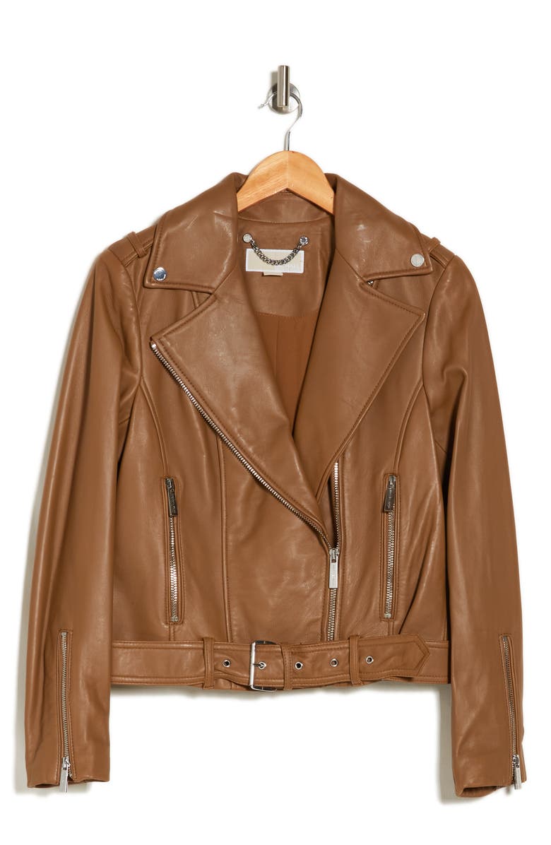 Michael Kors Belted Moto Jacket, Alternate, color, Husk