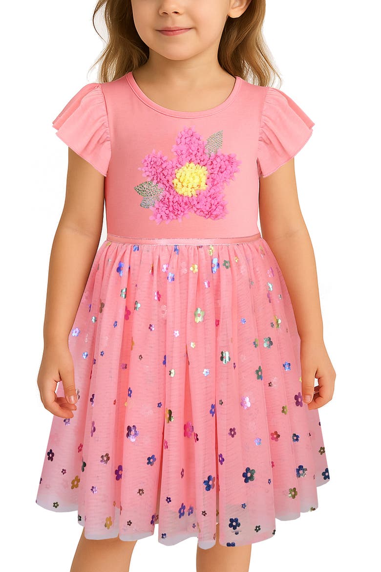 Kids' Flutter Sleeve Floral Appliqué Dress, Alternate, color, CORAL