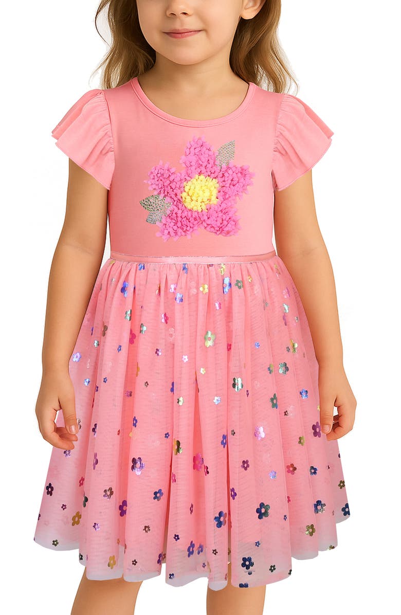 Zunie Kids' Flutter Sleeve Floral Appliqué Dress, Alternate, color, Coral