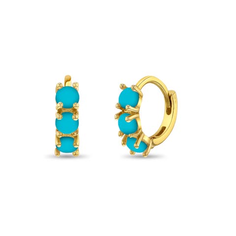 14k Gold Simulated Turquoise Pronged Hoops
