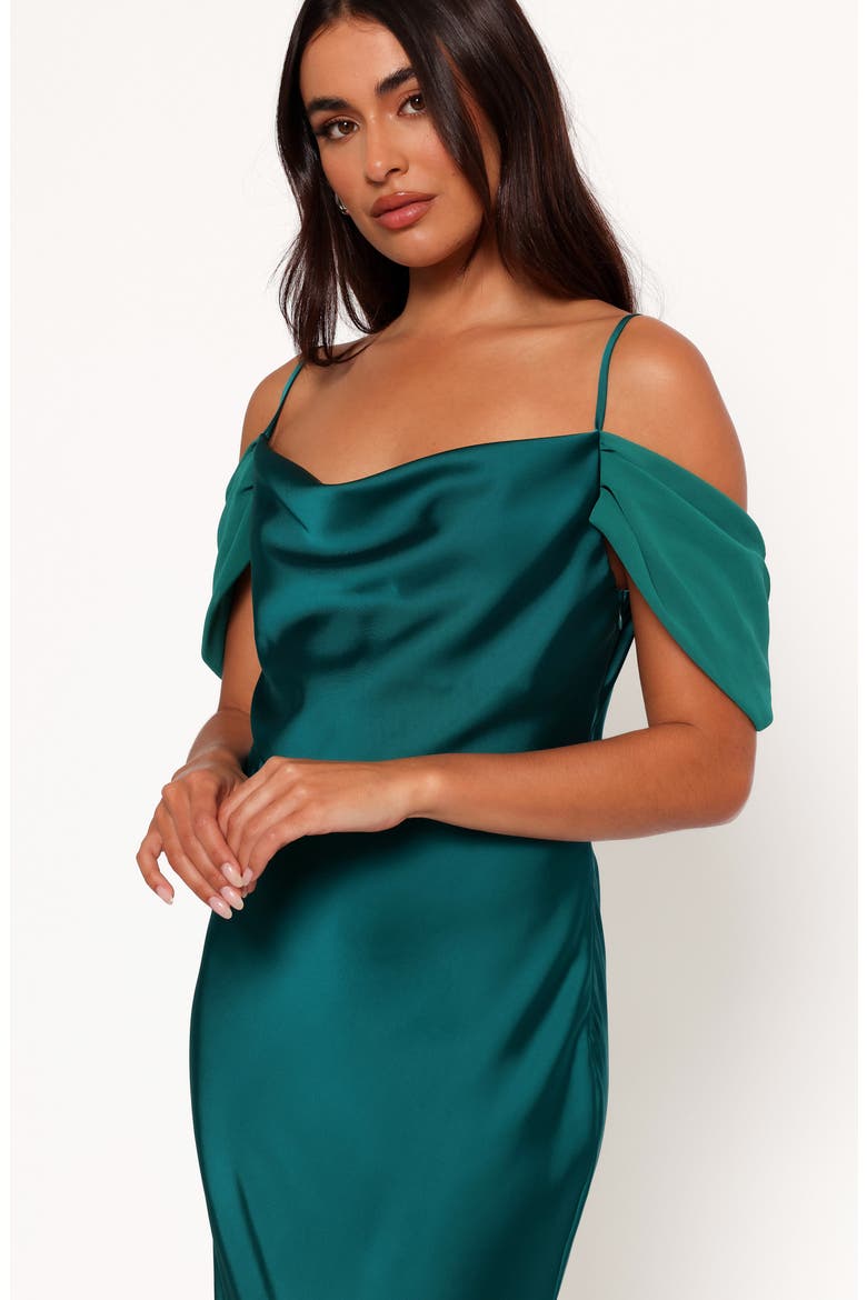 Reyna Off the Shoulder Satin Maxi Dress, Alternate, color, EMERALD GREEN