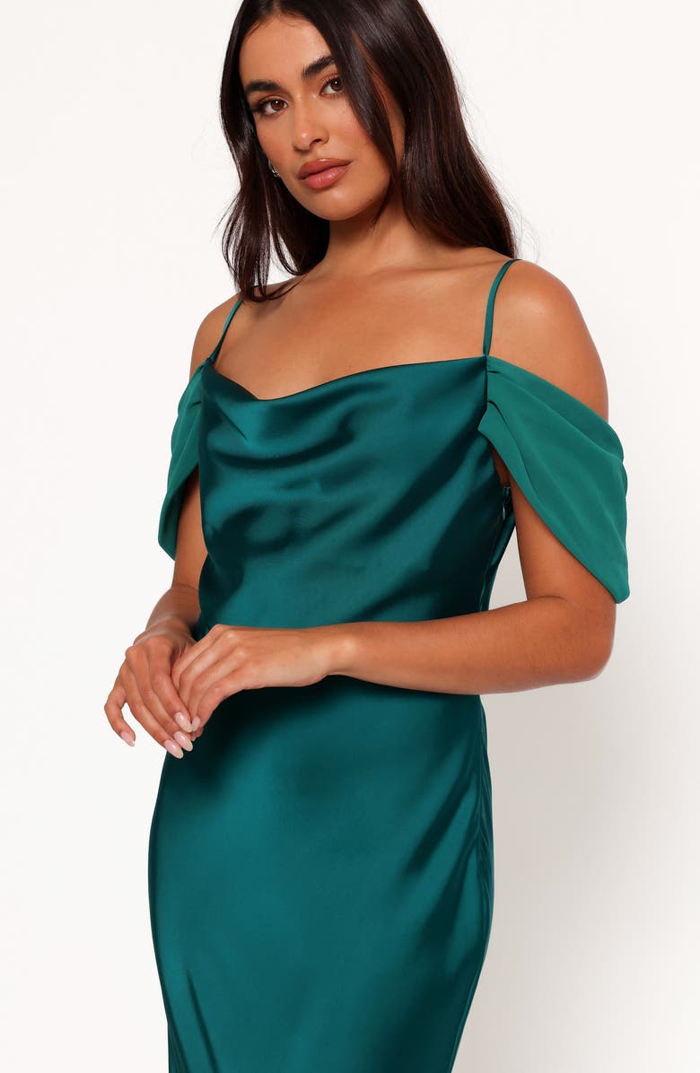 Petal & Pup Reyna Off the Shoulder Satin Maxi Dress, Alternate, color, Emerald Green