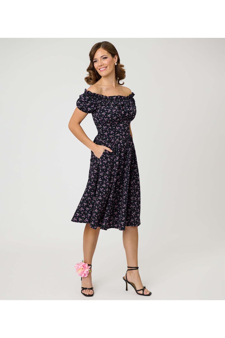 1950s Off The Shoulder Ruffle Swing Dress, Main, color, Black w/ Purple Floral Print