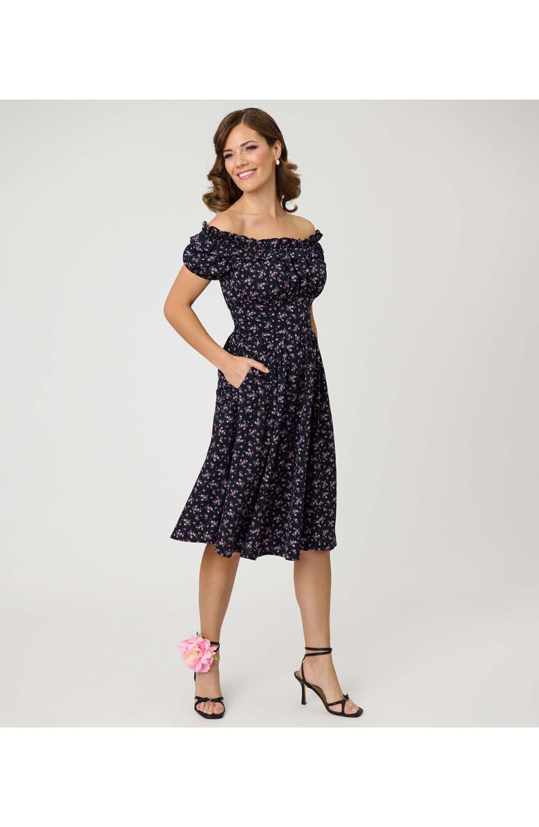 Unique Vintage 1950s Off The Shoulder Ruffle Swing Dress, Main, color, Black W/ Purple Floral Print