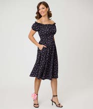 Unique Vintage 1950s Off The Shoulder Ruffle Swing Dress