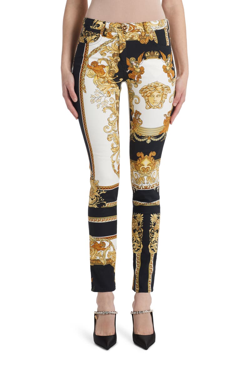 Renaissance Print Skinny Jeans, Main, color, BLACK GOLD WHITE