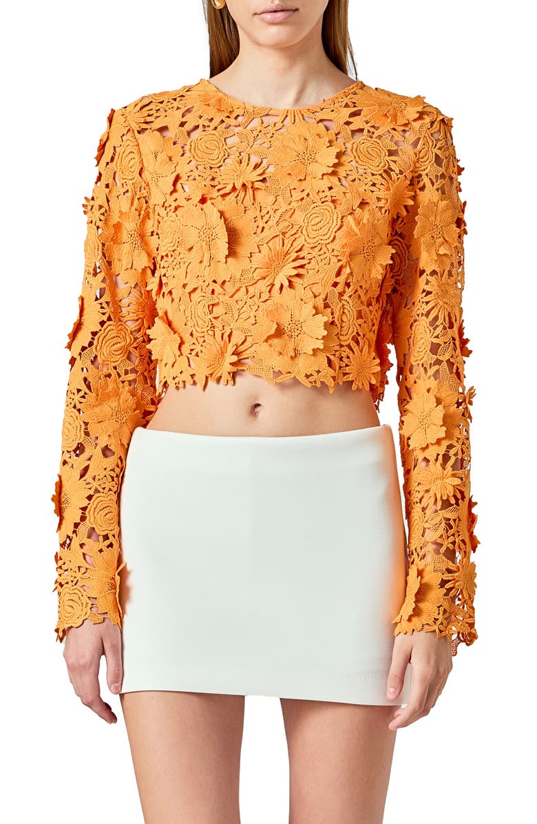 Endless Rose Floral Lace Long Sleeve Crop Top, Main, color, Orange