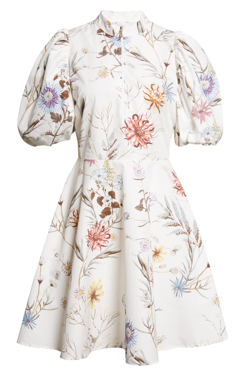 Eleventy Floral Puff Sleeve Cotton Poplin Dress, Alternate, color, 01 White