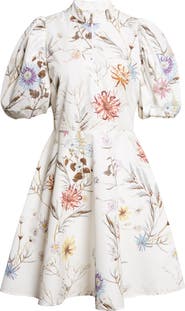 Eleventy Floral Puff Sleeve Cotton Poplin Dress