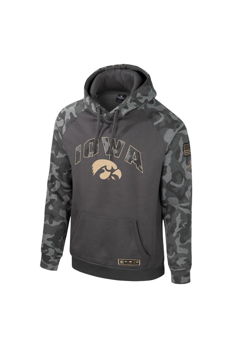 Men's Colosseum Charcoal Iowa Hawkeyes OHT Military Appreciation Camo Raglan Pullover Hoodie, Alternate, color, Charcoal