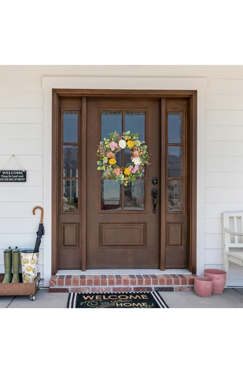 Northlight Rose and Hydrangea Floral Spring Wreath - 26" - Pink and Yellow, Alternate, color, Pink