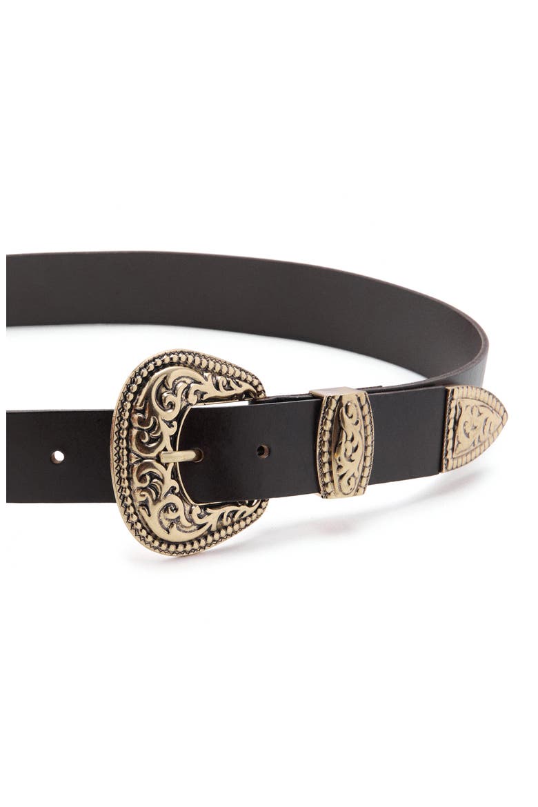 Engraved Buckle Leather Belt, Alternate, color, CHOCOLATE