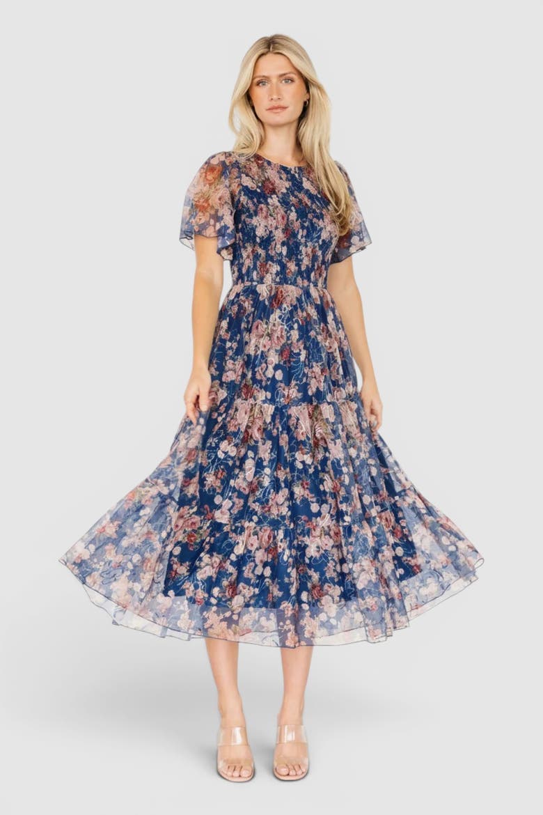 Mara Embroidered Tulle Dress, Main, color, Dark Blue Multi Floral