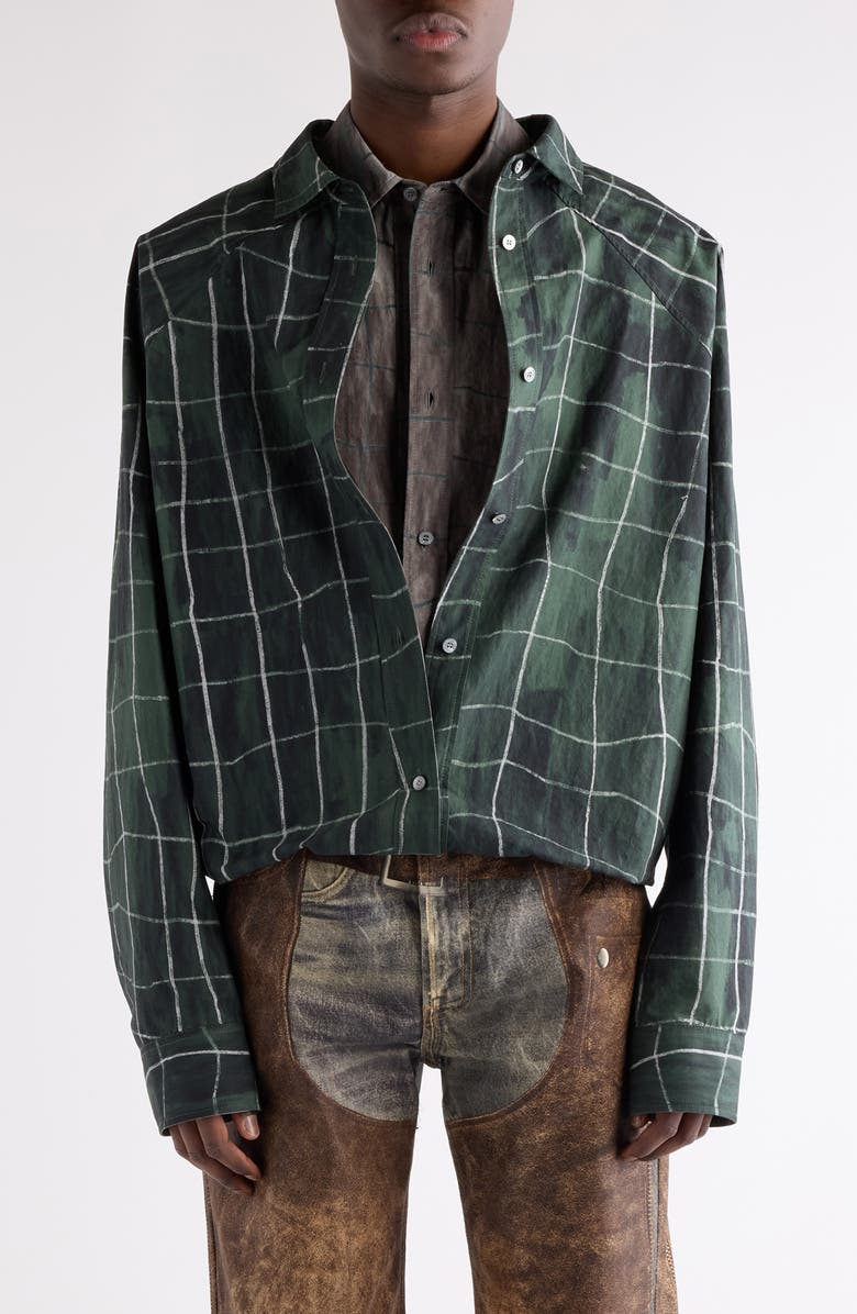 Acne Studios Sayer Painted Check Papery Cotton Poplin Layered Button-Up Shirt, Main, color, Green/ Grey