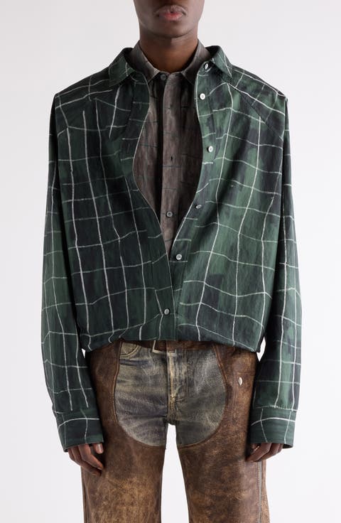 Sayer Painted Check Papery Cotton Poplin Layered Button-Up Shirt