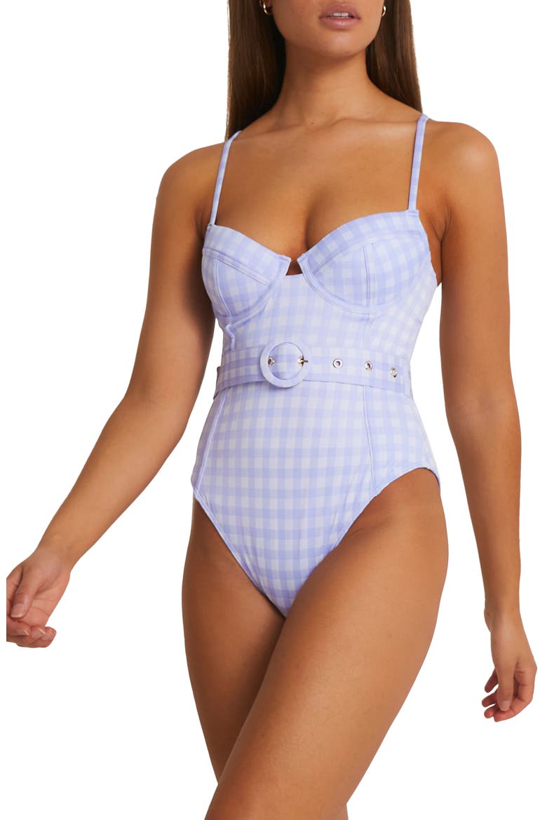 Belted Structured Gingham Underwire One-Piece Swimsuit, Main, color, LIGHT PURPLE