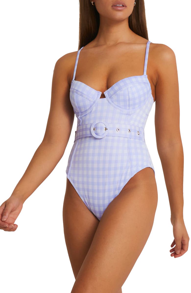 River Island Belted Structured Gingham Underwire One-Piece Swimsuit, Main, color, 