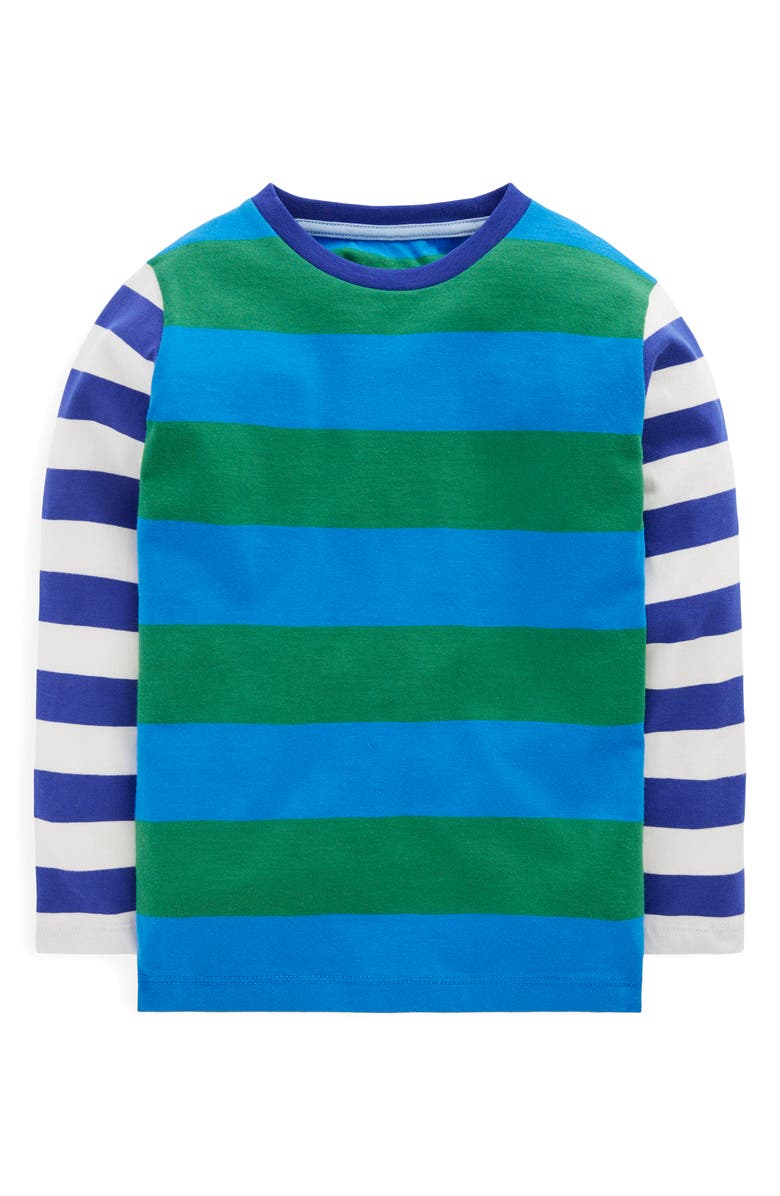 Mini Boden Kids' Mixed Stripe Long Sleeve Cotton Graphic T-Shirt, Main, color, Blue/ Green/ Orange
