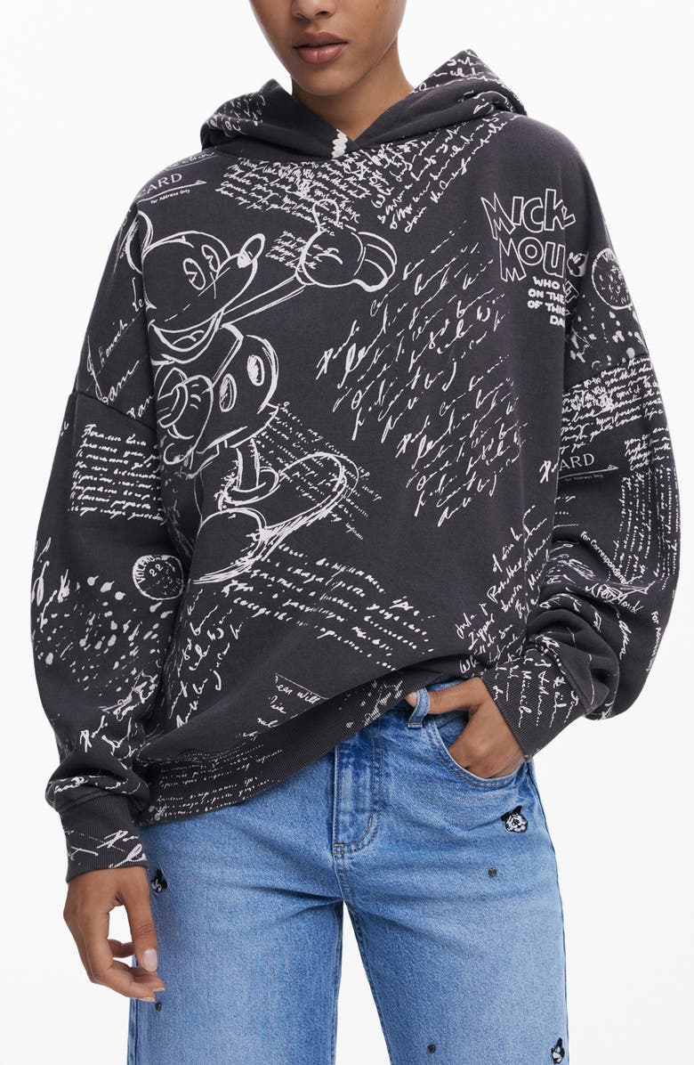 Desigual Mickey Mouse Print Cotton Hoodie, Main, color, Black