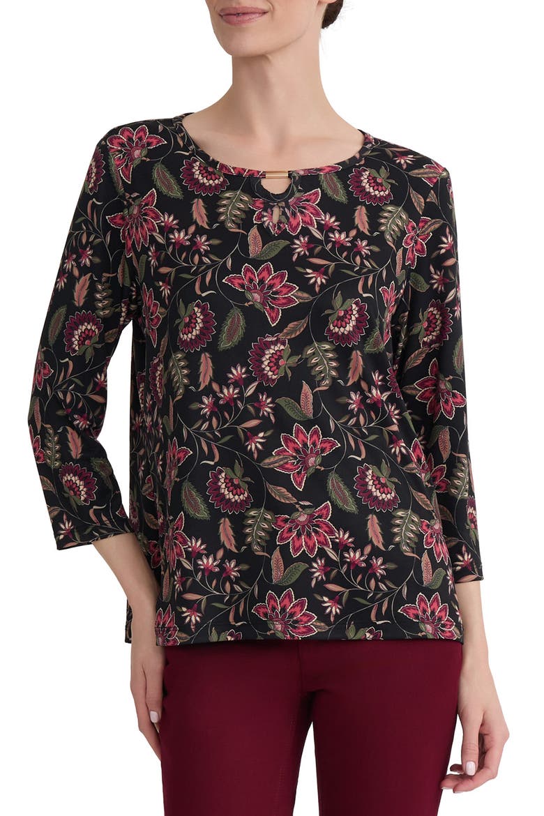 Keyhole Three-Quarter Sleeve Top, Main, color, JONES BLACK MULTI
