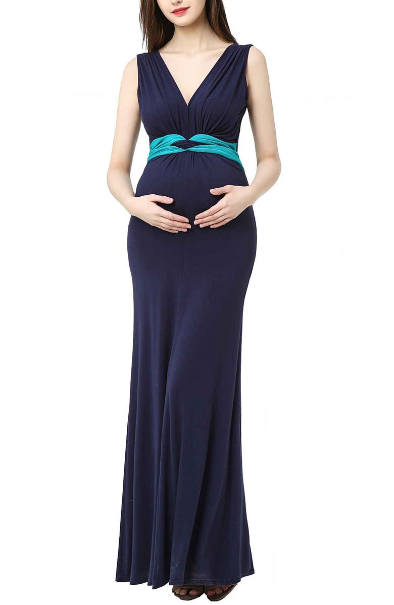 Kimi & Kai Scarlett Colorblock Maternity  Maxi Dress, Main, color, Navy Teal