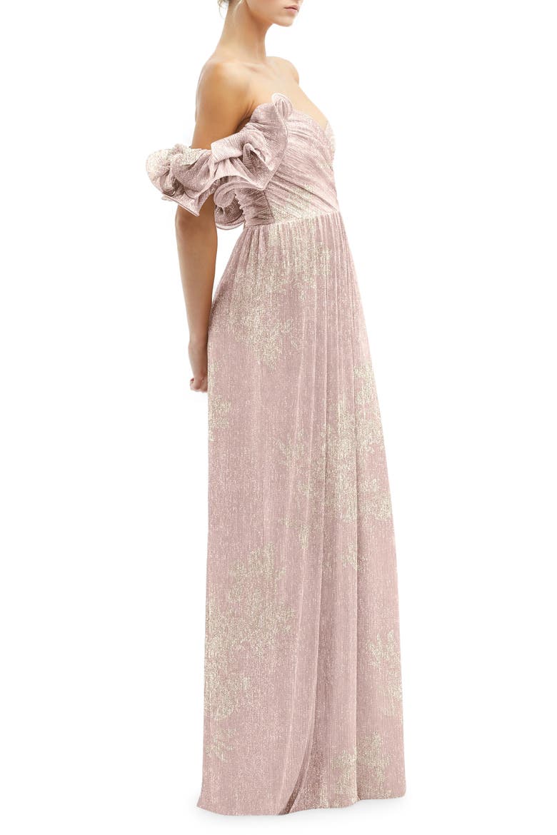 Ruffle Off the Shoulder Metallic Column Gown, Alternate, color, PINK GOLD