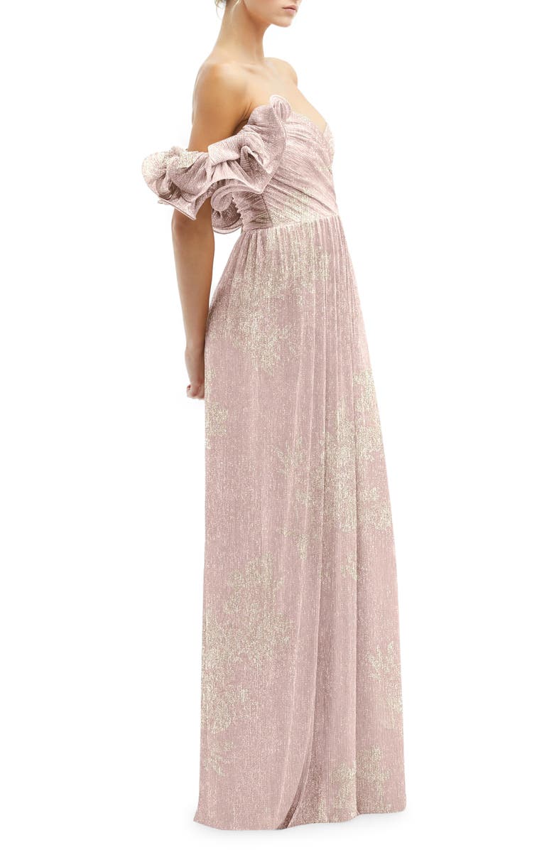 After Six Ruffle Off the Shoulder Metallic Column Gown, Alternate, color, Pink Gold