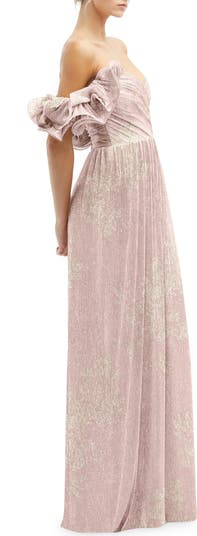 Ruffle Off the Shoulder Metallic Column Gown