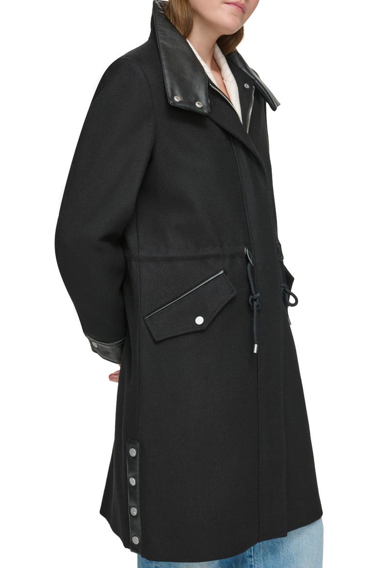 Feather Leather Trim Wool Blend Coat, Alternate, color, BLACK