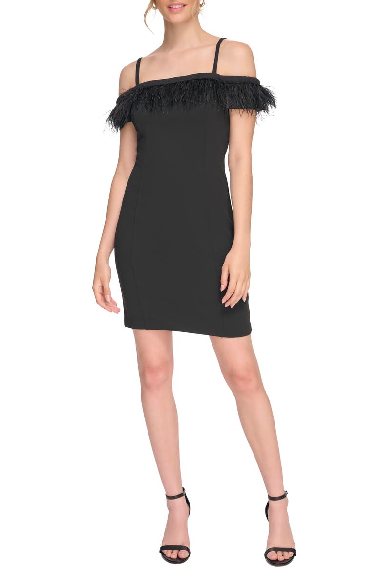 Feather Off-the-Shoulder Dress, Main, color, BLACK
